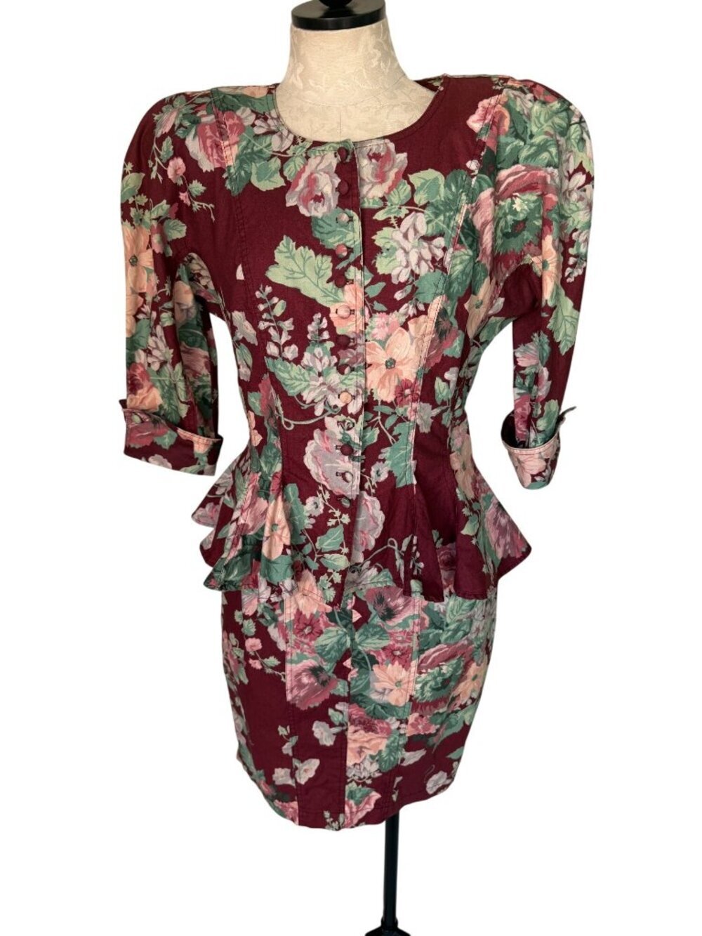 Karen Alexander Womens Peplum Floral Jacket Skirt Set Size 10 Cotton Vintage